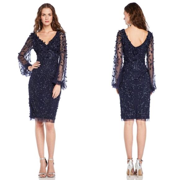 Theia Beaded Navy Embellished Lantern Sleeve Sheath Dress Size XS Cocktail Party - Picture 1 of 16
